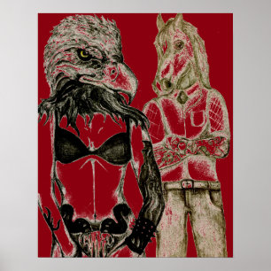 Poster Couple de tatouage, dame d'aigle cheval homme post