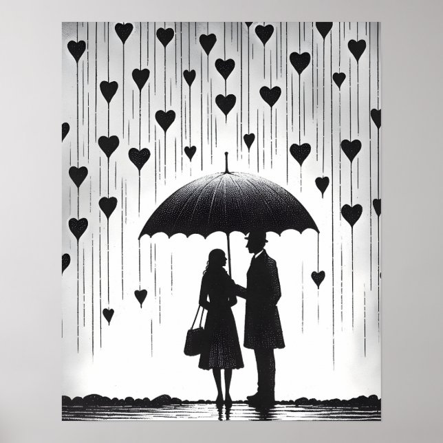 Poster Couple debout sous parapluie, pluie en forme de co (Devant)