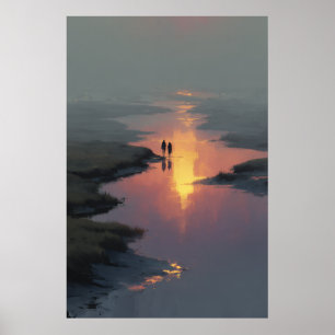 Poster Couple en Silhouette Coucher de Soleil Reflet du R