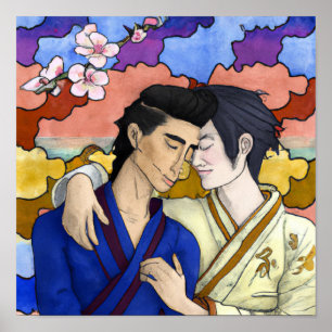 Poster Couple Gay Dans Le Style De L'Art Japonais Ukiyo-e