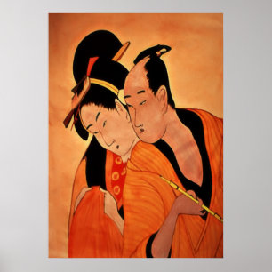 Poster Couple japonais traditionnel en orange