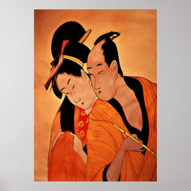 Poster Couple japonais traditionnel en orange (Devant)