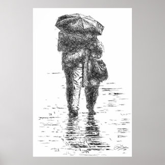 Poster Couple marchant sous la pluie