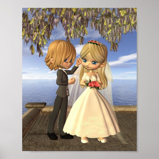 Poster Couple Mariage Cute Toon sur un balcon en bord de  (Devant)