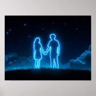 Poster Couple néon se tenant la main sous un ciel étoilé