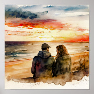Poster Couple Regardant Le Coucher De Soleil