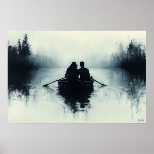 Poster Couple romantique faisant de la barque dans un lac