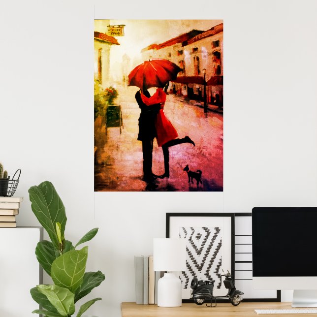 Poster Couple Romantique S'Embrasser Sous Le Parapluie (Bureau à domicile)