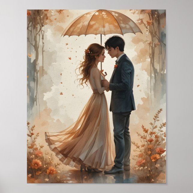 Poster Couple romantique sous l'affiche parapluie d'autom (Devant)