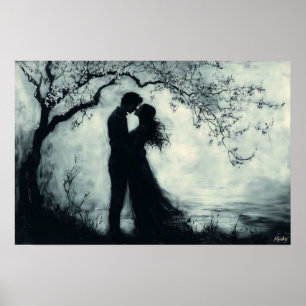 Poster Couple Silhouette Romantique Sous Arbre Monochrome