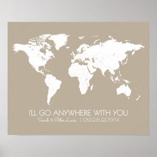 Poster Couples World Map Neutral Taupe - Partout avec vou