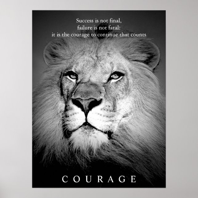 Poster Courage motivationnel du lion noir et blanc (Devant)
