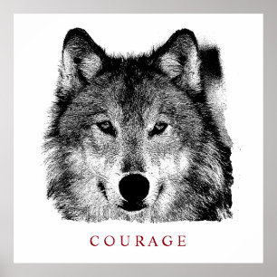 Poster Courage motivationnel noir et blanc Wolf