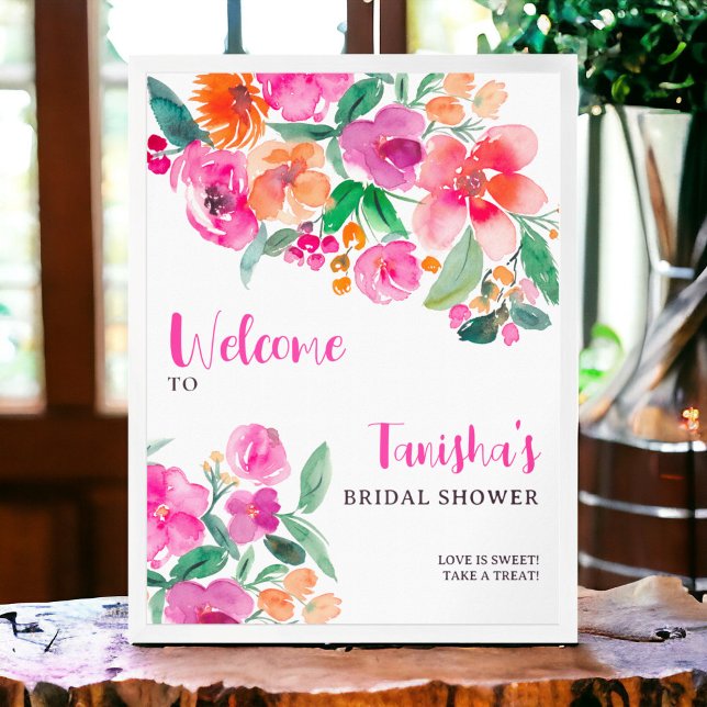 Poster Courbe rose rose vif douche nuptiale bienvenue (Bright pink floral script bridal shower welcome poster)