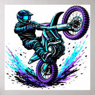 Poster Coureur de motocross faisant une roue arrière en m