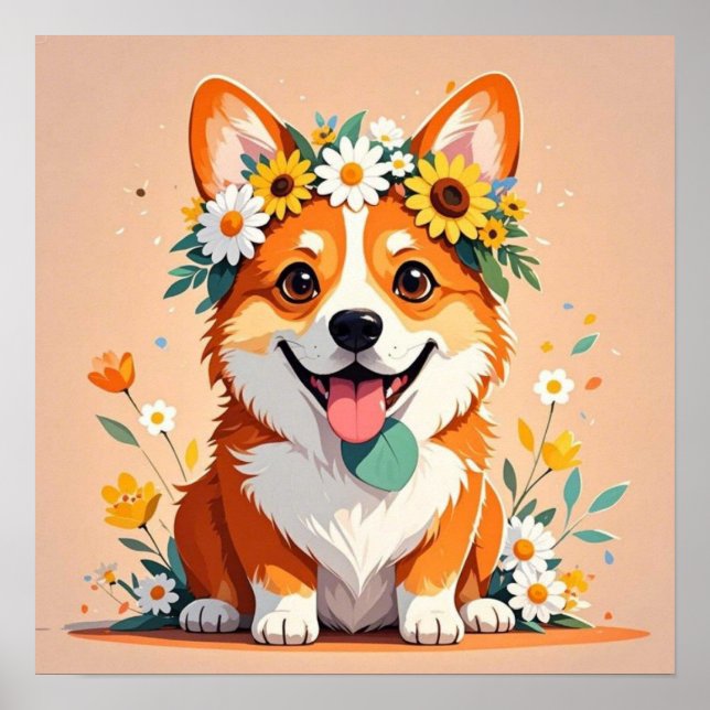 Poster Couronne de chien corgi joyeux des marguerites et  (Devant)