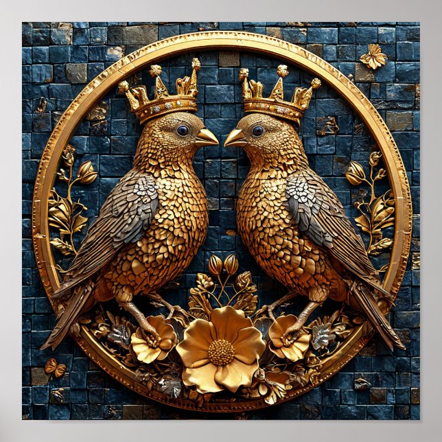 Poster Couronne de mosaïque d'oiseaux dorés Art de luxe é (Devant)