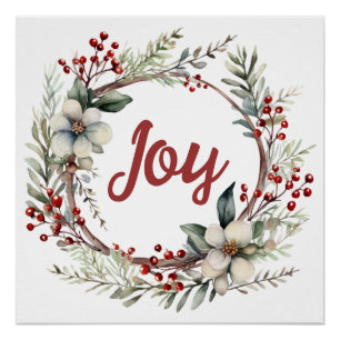 Poster Couronne de Noël avec fleurs et baies rouges joie