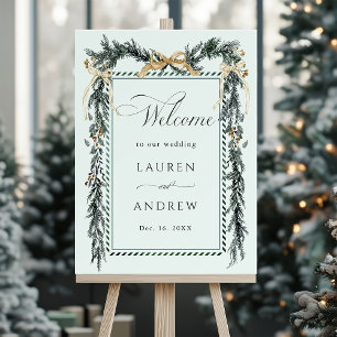 Poster Couronne de verts hivernaux Mariage Bienvenue Vert