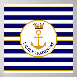 Poster Couronne et ancre dorée sur fond bleu et blanc