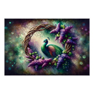 Poster Couronne florale de paon enchanté
