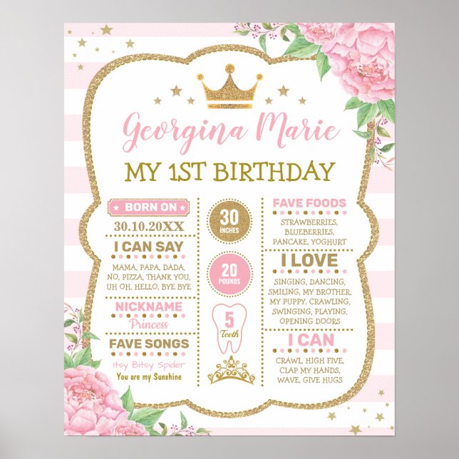 Poster Couronne rose Florale Princesse 1er anniversaire J (Devant)