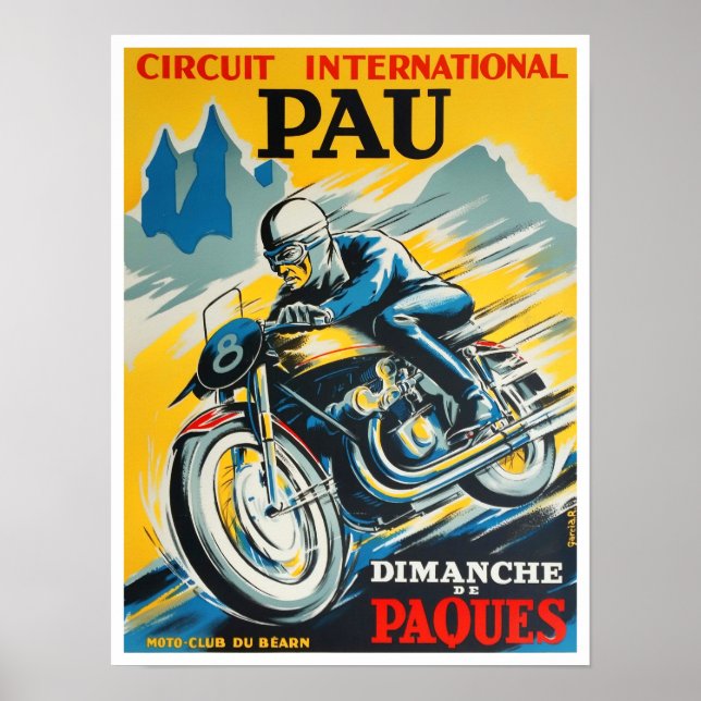 Poster Course vintage moto Pau 1949 (Devant)