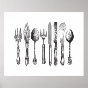 Poster Couteaux vintages Couteau blanc noir fourche coute