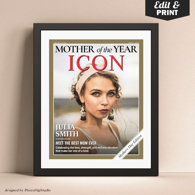 Poster Couverture de la journée des mères personnalisées, (Custom Mothers Day Magazine Cover, Mother of the Year Gift for Mom Poster)
