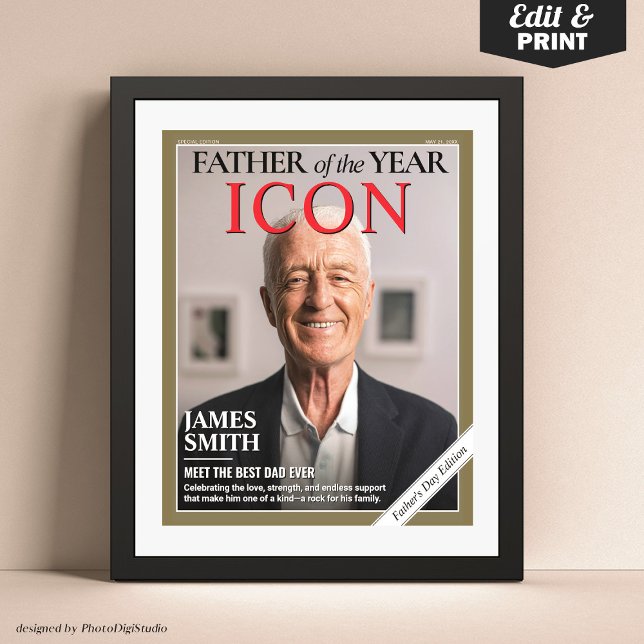 Poster Couverture de magazine de Fête des pères personnal (Custom Fathers Day Magazine Cover, Father of the Year Gift for Dad Poster)