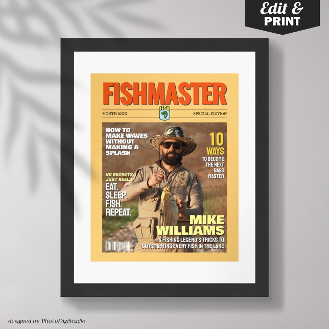 Poster Couverture de magazine de pêche personnalisée, cad (Custom Fishing Magazine Cover, Gift for Fisherman Poster Editable and Printable)