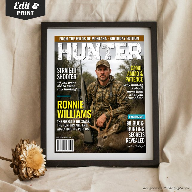 Poster Couverture de magazine HUNTER personnalisée, chass (Custom HUNTER Magazine Cover, Personalized Hunting Poster, Custom Gift for Hunter Outdoorsman )