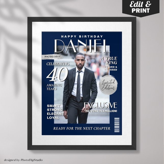 Poster Couverture de magazine personnalisée, Portrait d'a (Custom Magazine Cover, Modern Birthday Portrait Poster Navy SIlver Birthday Gift for Him)