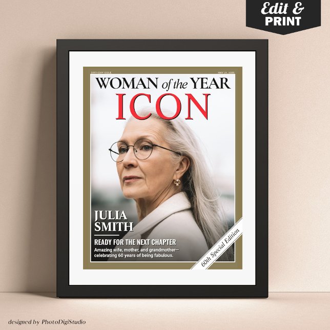 Poster Couverture du magazine d'anniversaire sur mesure,  (Custom Birthday Magazine Cover, Woman of the Year Woman Portrait Poster)