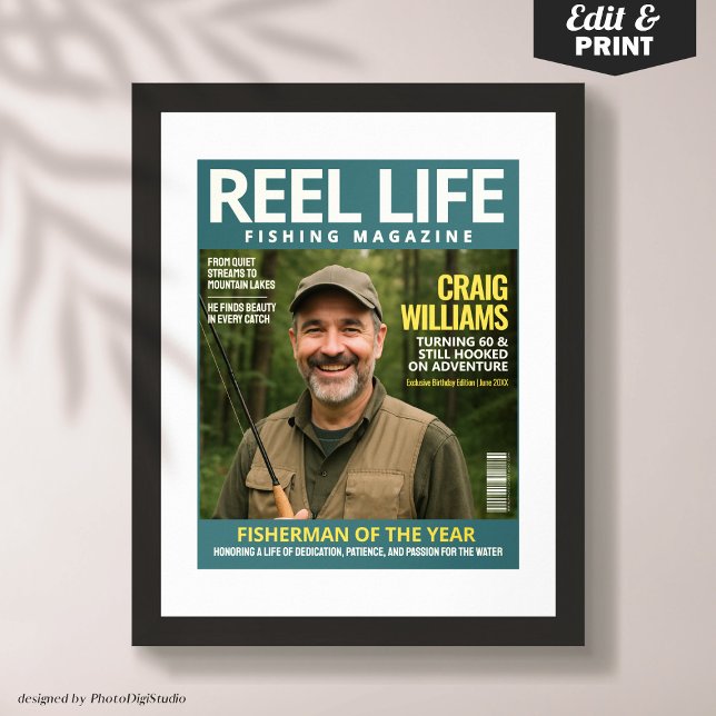 Poster Couverture du magazine de pêche sur mesure, Portra (Custom Fishing Magazine Cover, Fisherman Portrait Poster)
