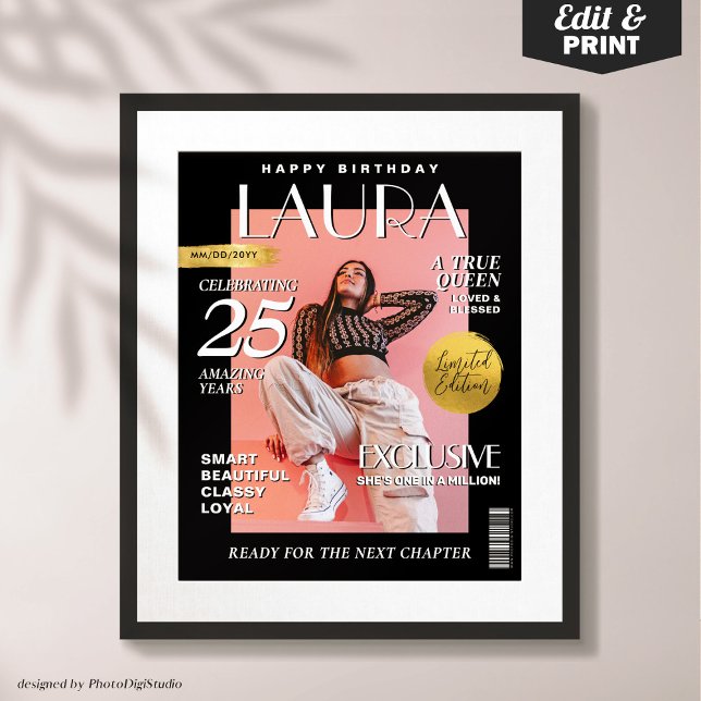 Poster Couverture, Portrait de la Revue Personnalisée d'A (Personalized Modern Birthday Poster Custom Magazine Cover, Fashion Portrait Poster)