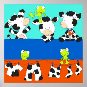 Poster Cow and frog laundry day.