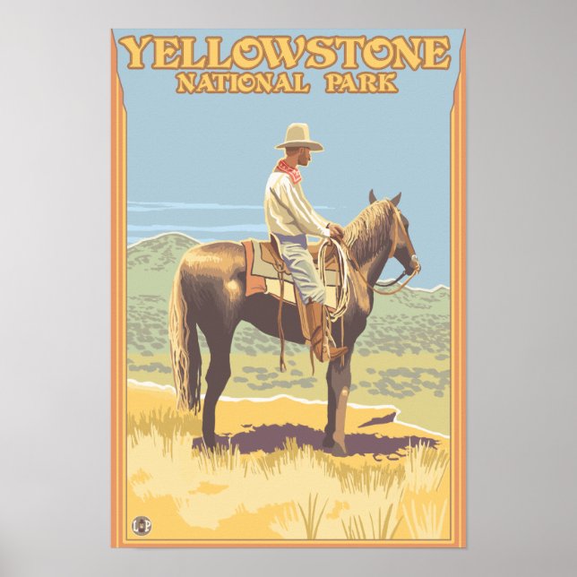 Poster Cowboy à cheval - Yellowstone National (Devant)