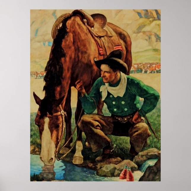 Poster Cowboy arroser son cheval par NC Wyeth (Devant)