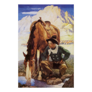 Poster Cowboy arroser son cheval par NC Wyeth, Art Vintag