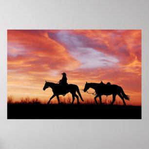 Poster Cowboy couché du soleil et silhouette de cheval