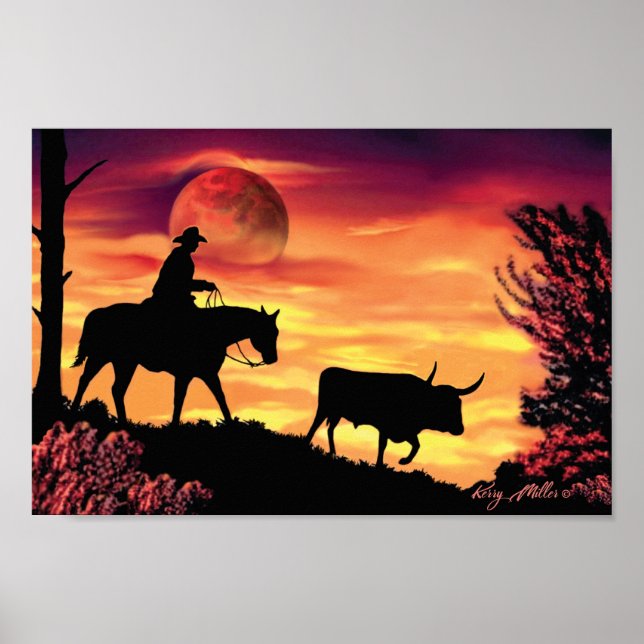 Poster Cowboy Et Longhorn Steer (Devant)