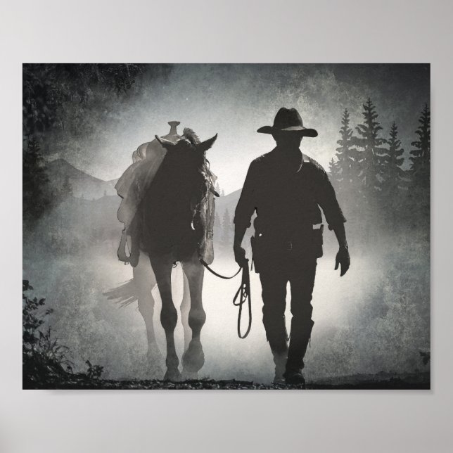 Poster Cowboy Horse Silhouette Découpage Imprimer (Devant)
