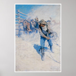 Poster Cowboy lassoing a horse, 1904