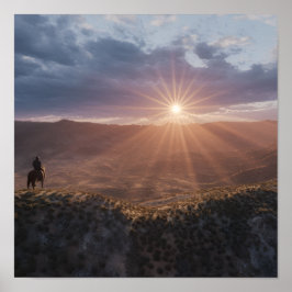 Poster Cowboy on Horseback at Sunset, Western Desert 
