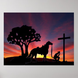 Poster Cowboy priant à l'Art Occidental Cross Christian