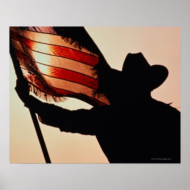 Poster Cowboy tenant des étoiles et des rayures, silhouet (Devant)