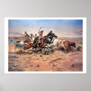 Poster Cowboys roping un boeuf, 1897 (huile sur la toile)