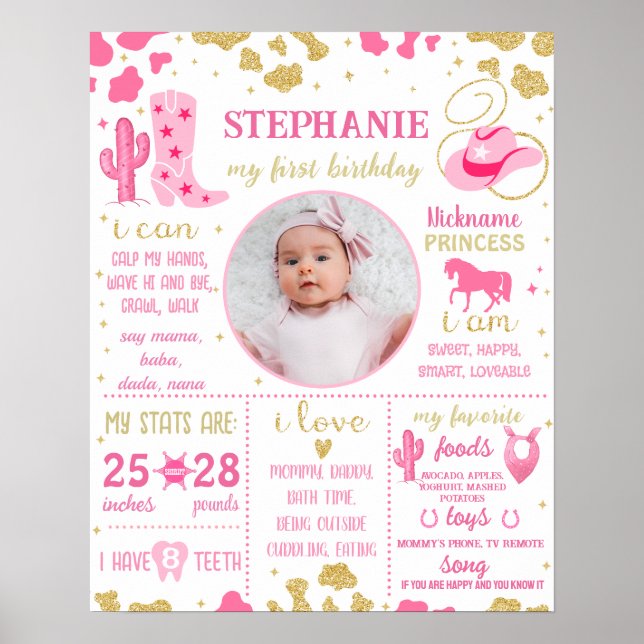 Poster Cowgirl First Birthday Milestone sign (1074) (Devant)