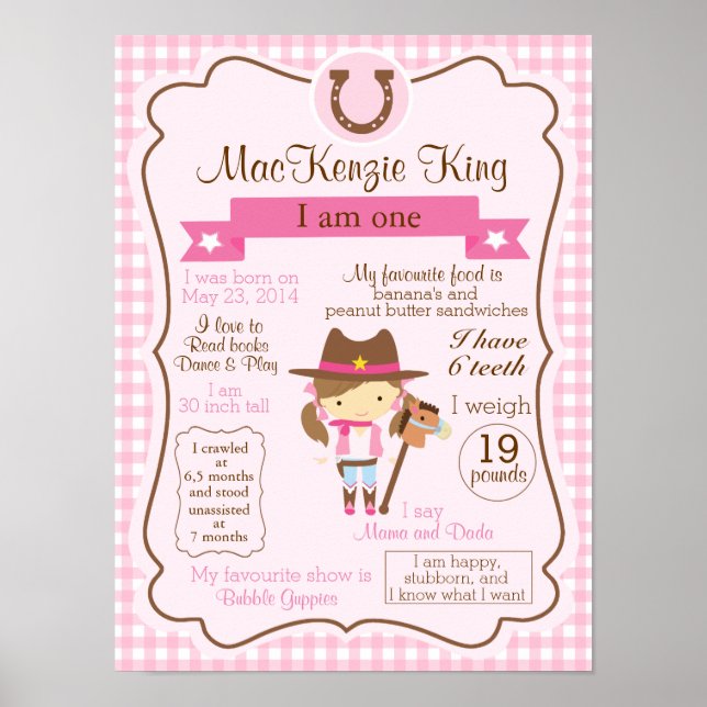 Poster CowGirl un an signe pour votre fille d'anniversair (Devant)